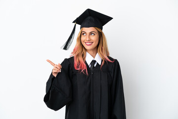 Young university graduate over isolated white background intending to realizes the solution while lifting a finger up