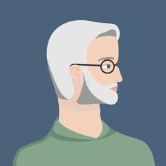  Portrait of a white haired old man with glasses in green sweter. The head of a European old man in profile. Social Media Avatar. Vector Flat Illustration