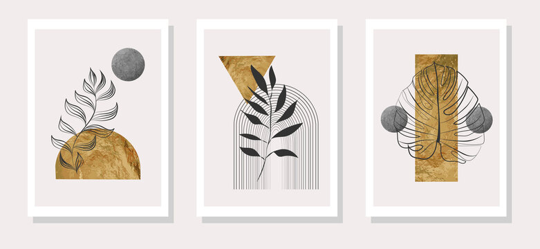 Gold Botanical wall art vector set. Earth tone boho line art drawing with abstract shape. Abstract Plant Art design for print, cover, wallpaper, Minimal and natural wall art.