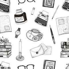 Seamless pattern with writing items. Typewriter, notebook, pen, writer aesthetics. Hand drawn graphic illustrations on white isolated background