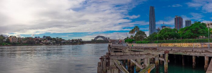 Panorama views of Sydney Harbour and Barangaroo buildings NSW Australia 