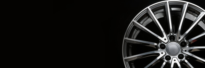 an alloy wheel banner fragment on a black background. mockup for the panorama site header. car...