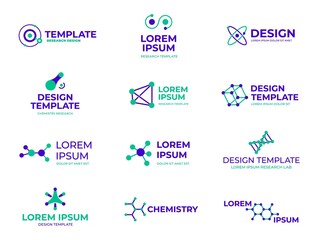 Molecule structure badges. Hexagon molecules design, dna bio and hexagonal logo. Chemistry genetic or microbiology research recent vector icons