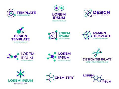 Molecule structure badges. Hexagon molecules design, dna bio and hexagonal logo. Chemistry genetic or microbiology research recent vector icons