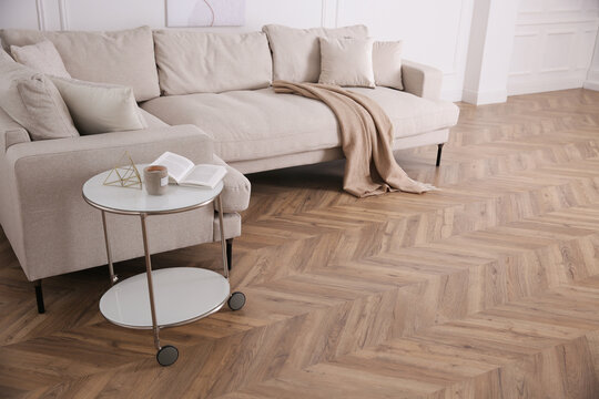 Modern living room with parquet flooring and stylish furniture
