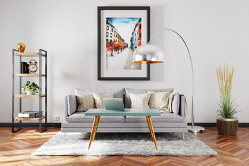 stylish minimalistic living room interior; scandinavian and industrial style decor; vintage sofa; large colorful watercolor painting on the wall; 3D Illustration