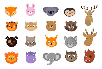 Cute animal avatars. Animals heads, exotic wild lion koala hippo. Baby cat, puppy and rabbit, isolated cartoon forest vector characters