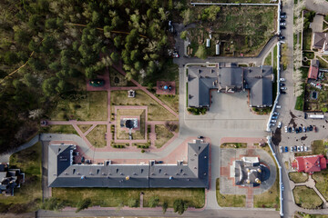 Novouspensky Monastery in Siberia. drone flight map, top view of the building forest