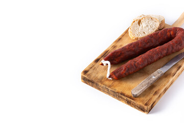 Spanish chorizo sausage isolated on white background