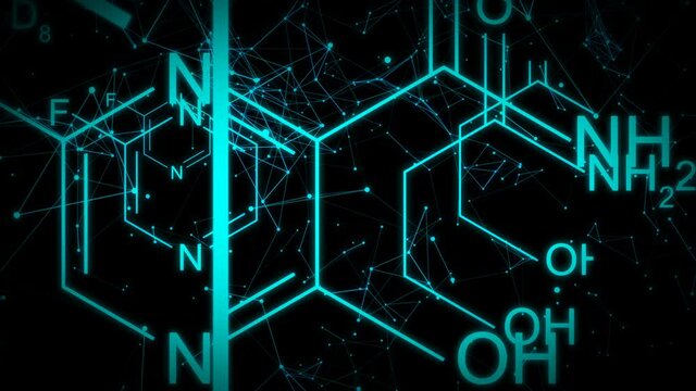 Animation of Favipiravir chemical formula consisting of benzene rings, hexagons with DNA background. Experimental antiviral treatment of COVID-19. Seamless loopable background.