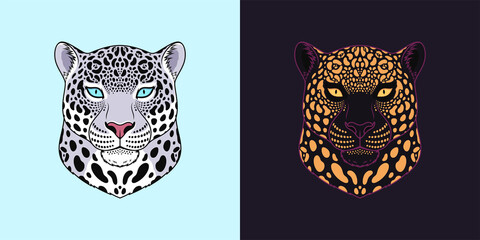 White and black jaguar head with blue and golden eyes, isolated jaguar face. Panther, predatory wildcat © Дмитрий Майер