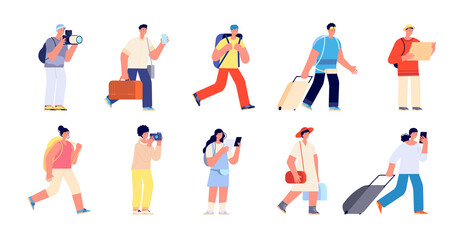 Touristic characters. Travelers people, travelling vacation persons. Adults with luggage, isolated flat woman man hold suitcase. Tourism utter vector set
