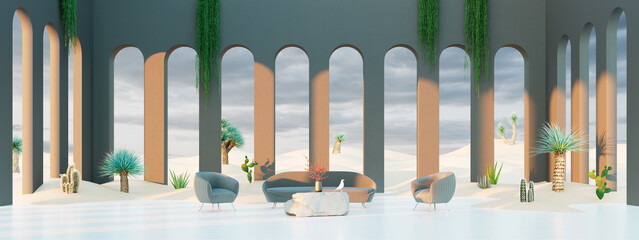 Modern Concept interior design of large living room with a desert sand entering inside, 3d Render 3d illustration