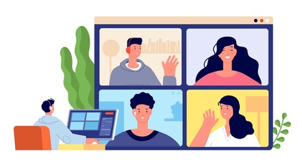 Online conference. Young client meeting, home business webinar. Executive web call, businessman video chat. Group on monitor utter vector concept