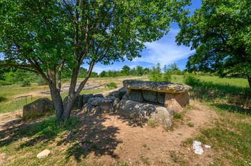 Thracian dolmens located near Hliabovo village, Sakar mountain, Bulgaria. Mysterious megalithic structure, necropolis or ancient sanctuary and sacred place