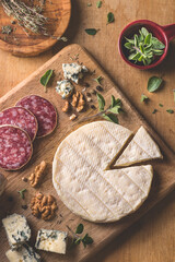 Cheese and salami aperitifs plate(wood board) with French Camembert and blue cheese, nuts, aromatic herbs and red wine. Rustic, provence style.  Winter and autumn starter or aperitifs, close-up 