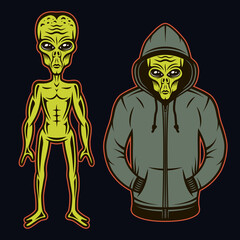 Alien in hoodie and full length body alien set of vector objects or design elements in cartoon colored style on dark background