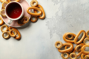 Top view tea table, sushki, tea, bagels.Tea background.