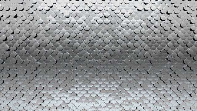 Silver, 3D Wall background with tiles. Fish Scale, tile Wallpaper with Luxurious, Polished blocks. 3D Render