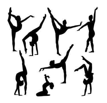 Eight black figures of gymnasts on a white background. Slim sportive woman doing yoga and fitness exercises. Healthy lifestyle. Modern silhouette illustration design. For t-shirt, icons, web, posters