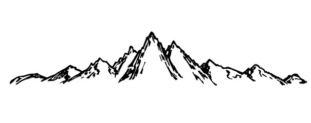 Hand-drawn simple sketch vector drawing. Mountain range. Horizontal mountain landscape, nature of mountainous countries. Wildlife of the north. Panoramic sketch in ink. Art graphics landscape