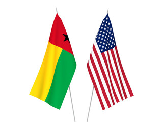 National fabric flags of America and Republic of Guinea Bissau isolated on white background. 3d rendering illustration.