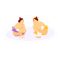 Sumo wrestlers in a fighting stance vector illustration in modern flat style. Logo sumo wrestler - obrazy, fototapety, plakaty