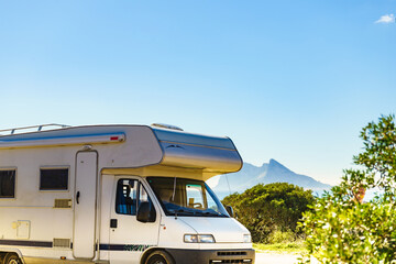 Caravan on spanish coast, Gibraltar rock on horizon