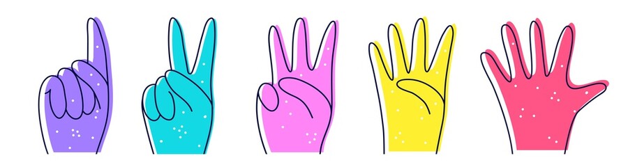 Fototapeta na wymiar Numbers with hands illustration in doodle style. Designation of numbers with hands, gestures. Counting to ten - hands, hieroglyphs