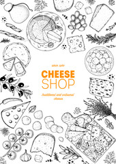 Cheese design template. Hand drawn sketch. Retro food background. Different cheese kinds banner. Dairy farm products cheese.
