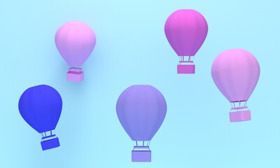 Abstract blue background with flying colors air balloons. 3d rendering