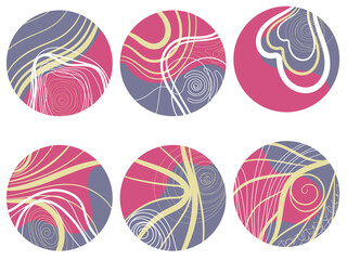 Set of round abstract colorful backgrounds. Hand drawn doodle shapes. Spots, drops, curves, lines. Contemporary modern trendy vector illustration. Social media Icons templates 