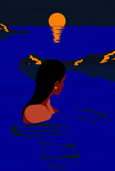 Digital illustration of a girl in the summer swimming on vacation in the ocean and admiring the sunset among the mountains