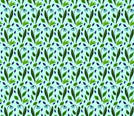 Blue flowers and green leaves. Hand drawn seamless vector pattern