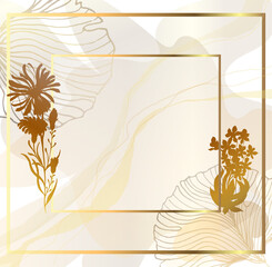 Gold frame with a beautiful spot on a white background. Abstract foil of gold color on the background. Gold threads. Vector illustration. Silhouettes of gilded flowers.