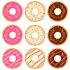 Set of 9 donuts. Vector illustration.