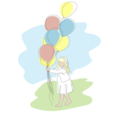 Little girl with balloons. Girl in a white dress. Vector graphics