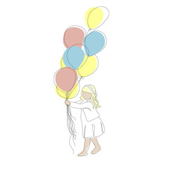 Little girl with balloons. Girl in a white dress. Vector graphics
