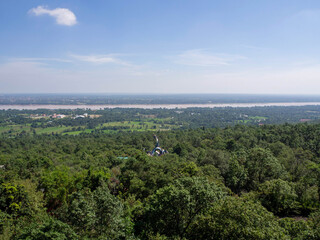 Obraz premium Amazing bird's-eye view mountain scenery of summer, blue sky, big Naga statue near .Mekong River in Thailand.