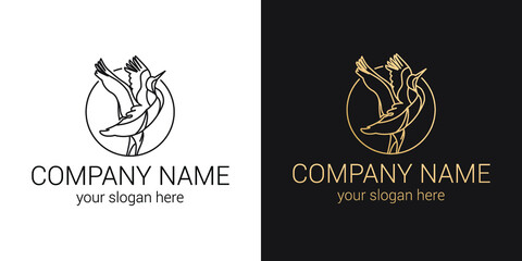 Сrane bird vector logo design template. Line art illustration.