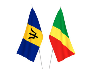 National fabric flags of Barbados and Republic of the Congo isolated on white background. 3d rendering illustration.