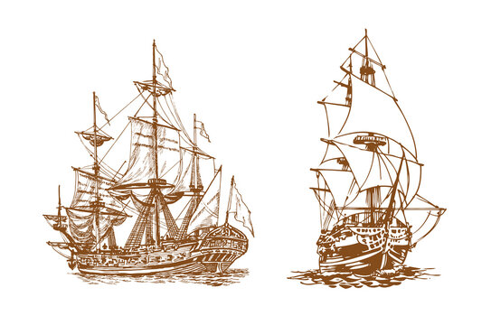 Sailing ship, set hand drawing. Vector