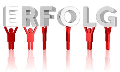 eine Gruppe Menschen hält die Buchstaben des Wortes ERFOLG nach oben