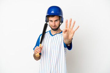 Young caucasian man playing baseball isolated on white background happy and counting four with fingers