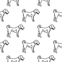 Vector seamless pattern of dogs in line art style. Black and white drawing.