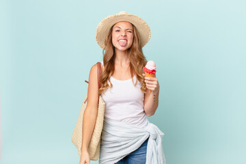 pretty woman with cheerful and rebellious attitude, joking and sticking tongue out. summer concept
