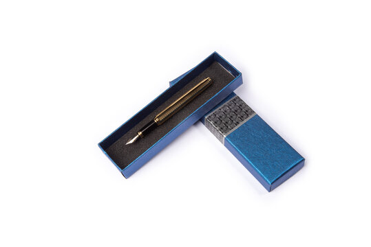 Fountain pen, fountain pen in detail inside beautiful box, on white background, top view.