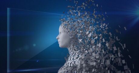 Composition of exploding human bust formed with grey particles and screen on blue background