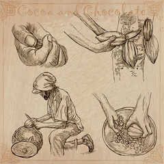 Cocoa harvesting and processing. Agriculture. An hand drawn vector illustrations on an vintage background. - 435402175