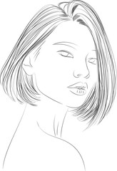 Girl with bob  haircut _ stylized black and white ector sketch on white 